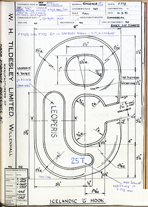 Barzillai Hingley & Sons LTD  Icelandic 'G' Hook WH Tildesley Forging Technical Drawing