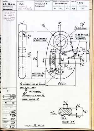 Barzillai Hingley & Sons LTD  Italian 'G' Hook WH Tildesley Forging Technical Drawing