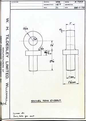 Barzillai Hingley & Sons LTD  Swivel Tow Eyebolt WH Tildesley Forging Technical Drawing