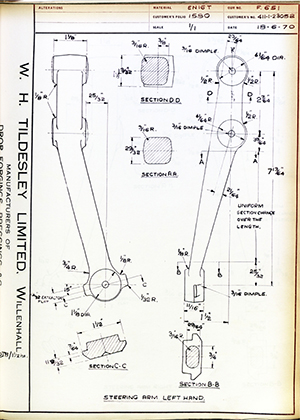 Bristol Cars 411-1-23052 Steering Arm Left Hand WH Tildesley Forging Technical Drawing