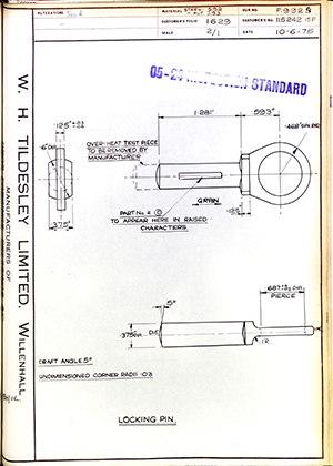 British Aircraft Corporation 11524215F Locking Pin WH Tildesley Forging Technical Drawing