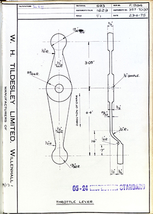 British Aircraft Corporation 357-70137 Throttle Lever WH Tildesley Forging Technical Drawing