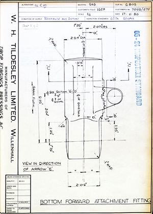 British Aircraft Corporation 70116/27F Bottom Forward Attachment Fitting WH Tildesley Forging Technical Drawing