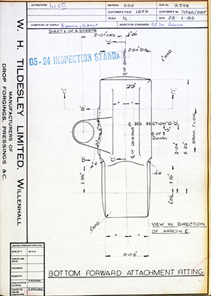 British Aircraft Corporation 70116/28F Bottom Forward Attachment Fitting WH Tildesley Forging Technical Drawing