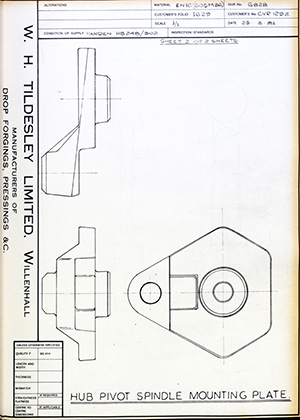 British Aircraft Corporation CVR1292 Hub Pivot Spindle Mounting Plate WH Tildesley Forging Technical Drawing