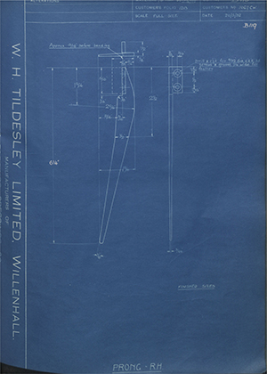 British Celanese LTD 1067CW Prong - RH WH Tildesley Forging Technical Drawing