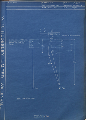 British Celanese LTD 957CW Prong - RH WH Tildesley Forging Technical Drawing