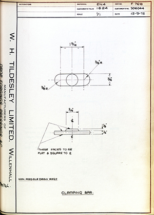 British Oxygen Co LTD 300789 Clamping Bar WH Tildesley Forging Technical Drawing