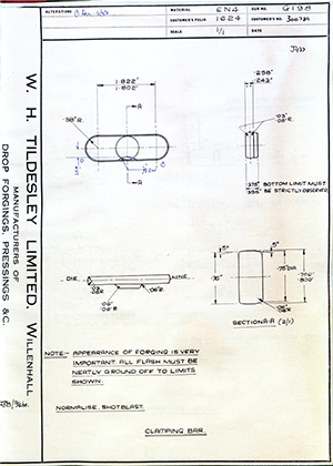 British Oxygen Co LTD 306044 Clamping Bar WH Tildesley Forging Technical Drawing