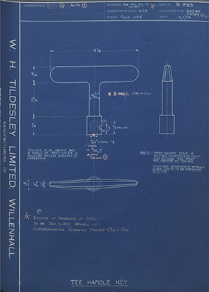 British Oxygen Co LTD 34385 / 34384 / 983A Tee Handle Key WH Tildesley Forging Technical Drawing