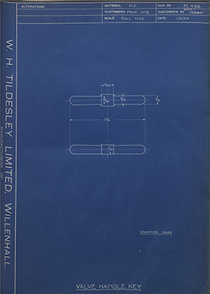 British Oxygen Co LTD 46084 / 12984 / 309 Valve Handle Key WH Tildesley Forging Technical Drawing