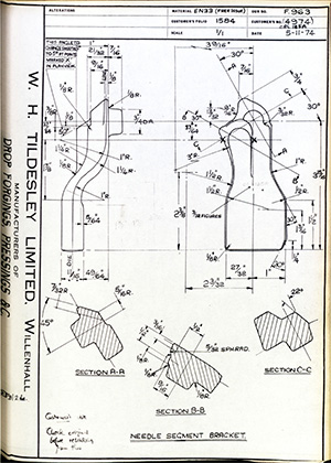 British United Shoe Machinery Co 4974 ORL 185A Needle Segment Bracket WH Tildesley Forging Technical Drawing