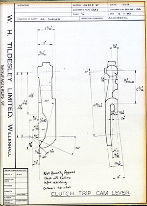 British United Shoe Machinery Co BHSS135 Clutch Trip Cam Lever WH Tildesley Forging Technical Drawing