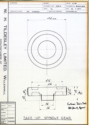 British United Shoe Machinery Co BHSS188 Take Up - Spindle Gear WH Tildesley Forging Technical Drawing