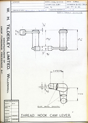 British United Shoe Machinery Co BHSS283A Thread Hook Cam Lever WH Tildesley Forging Technical Drawing