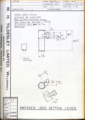 British United Shoe Machinery Co BHSS297 Presser Lock Setting Lever WH Tildesley Forging Technical Drawing