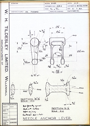 British United Shoe Machinery Co BHSS328 Needle Anchor Lever WH Tildesley Forging Technical Drawing