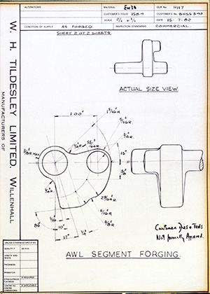 British United Shoe Machinery Co BHSS343 Awl Segment Forging WH Tildesley Forging Technical Drawing