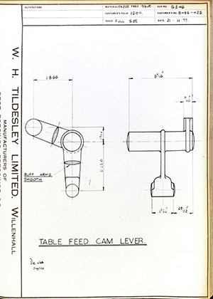 British United Shoe Machinery Co BHSS425 Table Feed Cam Lever WH Tildesley Forging Technical Drawing