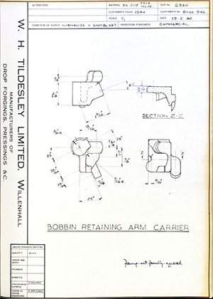 British United Shoe Machinery Co BHSS942 Bobbin Retaining Arm Carrier WH Tildesley Forging Technical Drawing