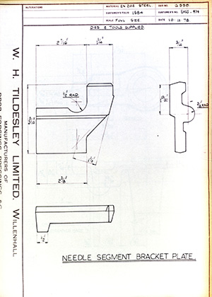 British United Shoe Machinery Co BHSS974 Needle Segment Bracket Plate WH Tildesley Forging Technical Drawing