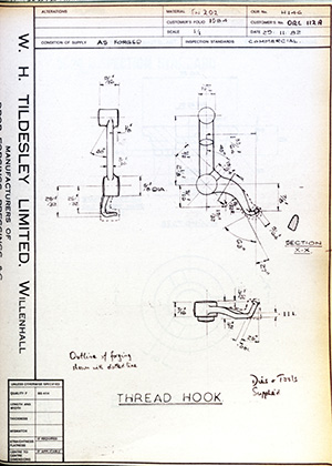 British United Shoe Machinery Co ORL112A Thread Hook WH Tildesley Forging Technical Drawing