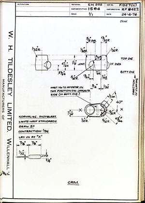 British United Shoe Machinery Co RF842Z Cam WH Tildesley Forging Technical Drawing