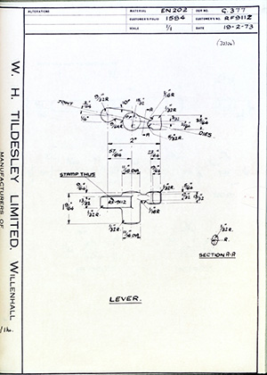 British United Shoe Machinery Co RF911Z Lever WH Tildesley Forging Technical Drawing