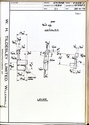 British United Shoe Machinery Co RF932Z Lever WH Tildesley Forging Technical Drawing