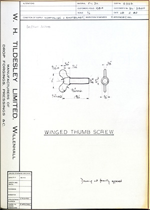 British United Shoe Machinery Co SL5860 Winged Thumb Screw WH Tildesley Forging Technical Drawing