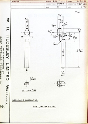 British United Shoe Machinery Co TCF1011 Piston Sleeve WH Tildesley Forging Technical Drawing