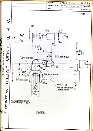 British United Shoe Machinery Co TCF465Z Fork WH Tildesley Forging Technical Drawing