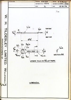 British United Shoe Machinery Co WRHL233 Wrench WH Tildesley Forging Technical Drawing