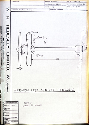 British United Shoe Machinery Co WRHL51 Wrench List Socket Forging WH Tildesley Forging Technical Drawing