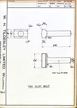 British United Shoe Machinery Co ZF5740 Tee Slot Bolt WH Tildesley Forging Technical Drawing