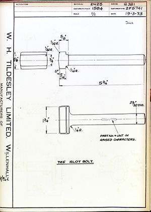 British United Shoe Machinery Co ZF5741 Tee Slot Bolt WH Tildesley Forging Technical Drawing