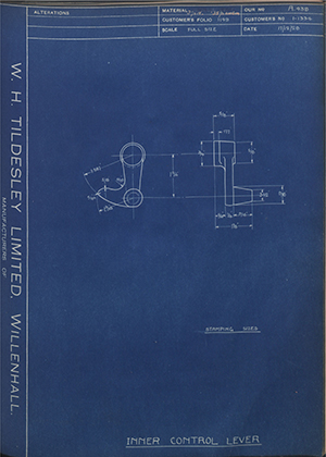 Burman & Sons LTD 1-1334 Inner Control Lever WH Tildesley Forging Technical Drawing