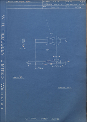 Burman & Sons LTD 1-1419 Control Inner Lever WH Tildesley Forging Technical Drawing