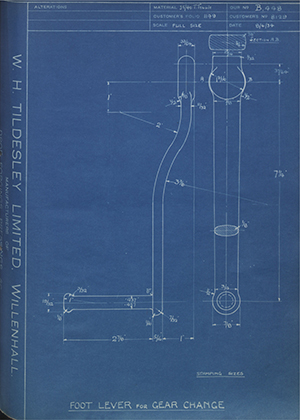 Burman & Sons LTD 8129 Foot Lever for Gear Change WH Tildesley Forging Technical Drawing