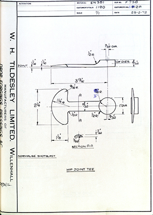 C Salter S12A / D12A Hip Joint Tee WH Tildesley Forging Technical Drawing