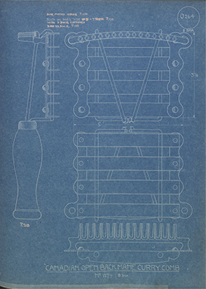 Canadian Open Back Curry Comb - 8 Bar WH Tildesley Forging Technical Drawing