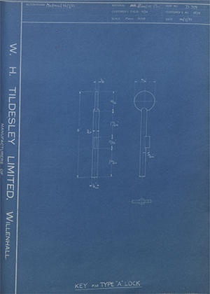 Chatwood Safe & Engineering Co LTD 157A Key for Type 'A' Lock WH Tildesley Forging Technical Drawing