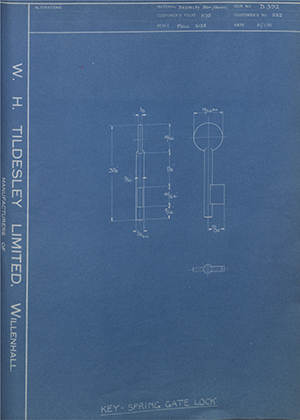 Chatwood Safe & Engineering Co LTD 552 Key - Spring Gate Lock WH Tildesley Forging Technical Drawing