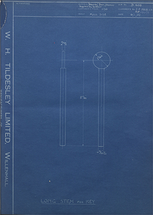 Chatwood Safe & Engineering Co LTD S.P580/1, 2, 3 / S.P180/3 Long Stem for Key WH Tildesley Forging Technical Drawing