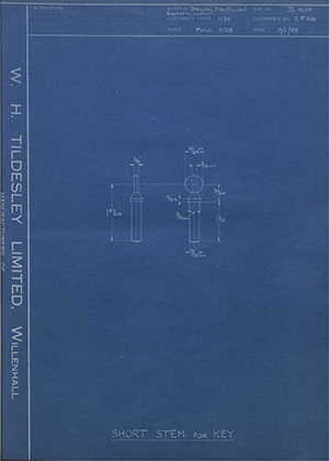 Chatwood Safe & Engineering Co LTD S.P581 Short Stem for Key WH Tildesley Forging Technical Drawing