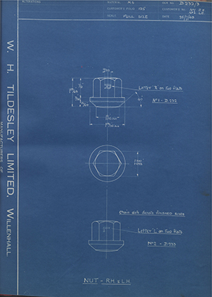 Cheslyn Engineering Supply Co No1 RH / No2 LH Nut RH & LH WH Tildesley Forging Technical Drawing