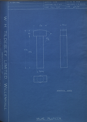 Crossley Motors LTD 21774 Valve Plunger WH Tildesley Forging Technical Drawing