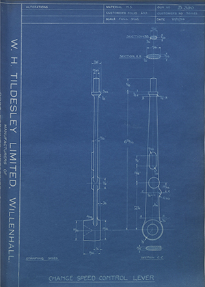 Crossley Motors LTD 36483 Change Speed Control Lever WH Tildesley Forging Technical Drawing