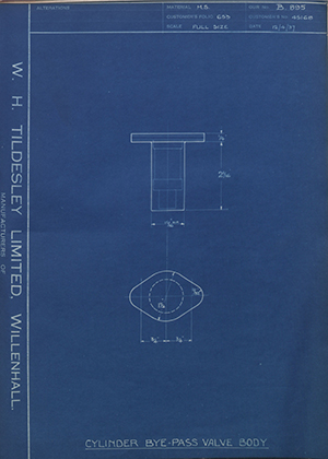 Crossley Motors LTD 45168 Cylinder Bye-Pass Valve Body WH Tildesley Forging Technical Drawing