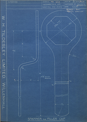 Crossley Motors LTD 78423A / 86308B Spanner for Filler Cap WH Tildesley Forging Technical Drawing